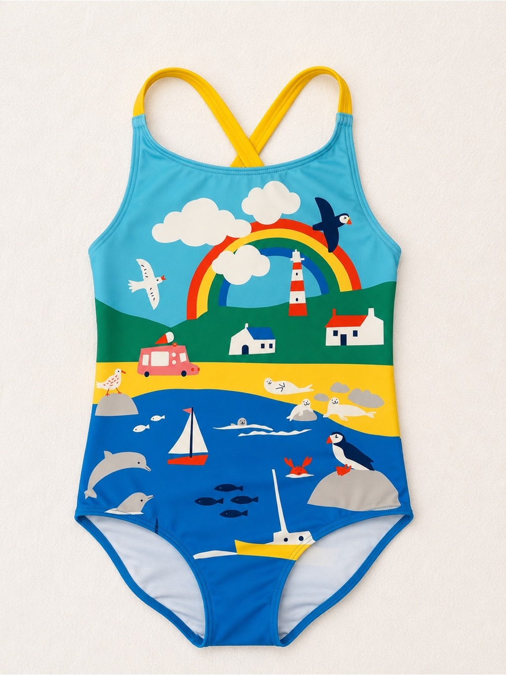 Mini Boden Kids Seaside Rainbow One-Piece Swimsuit - Blue/Yellow/Green